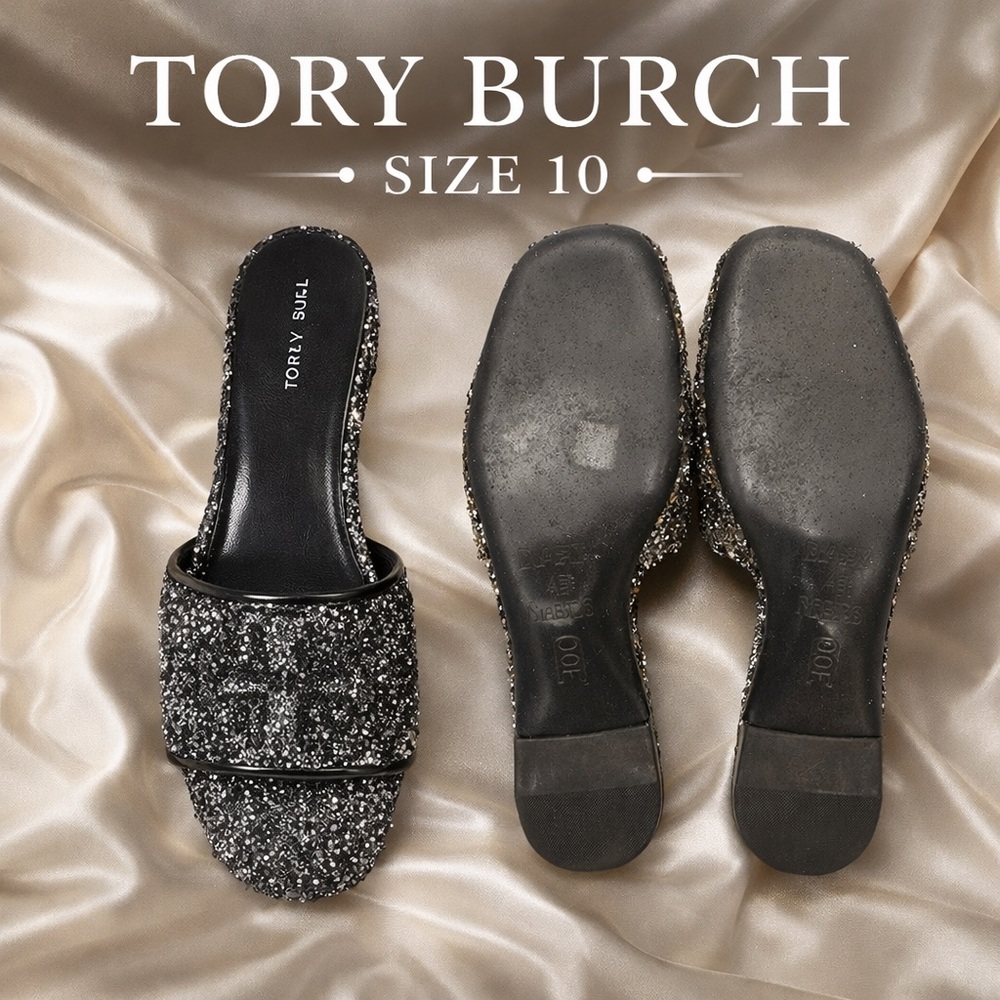Tory Burch Eleanor Pavé Slide Sandals womens 10 Silver Confetti Sparkle Logo